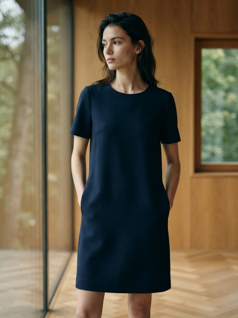 Katherine Barclay Navy Short-Sleeve Mini Shift Dress With Pockets Sz 8
